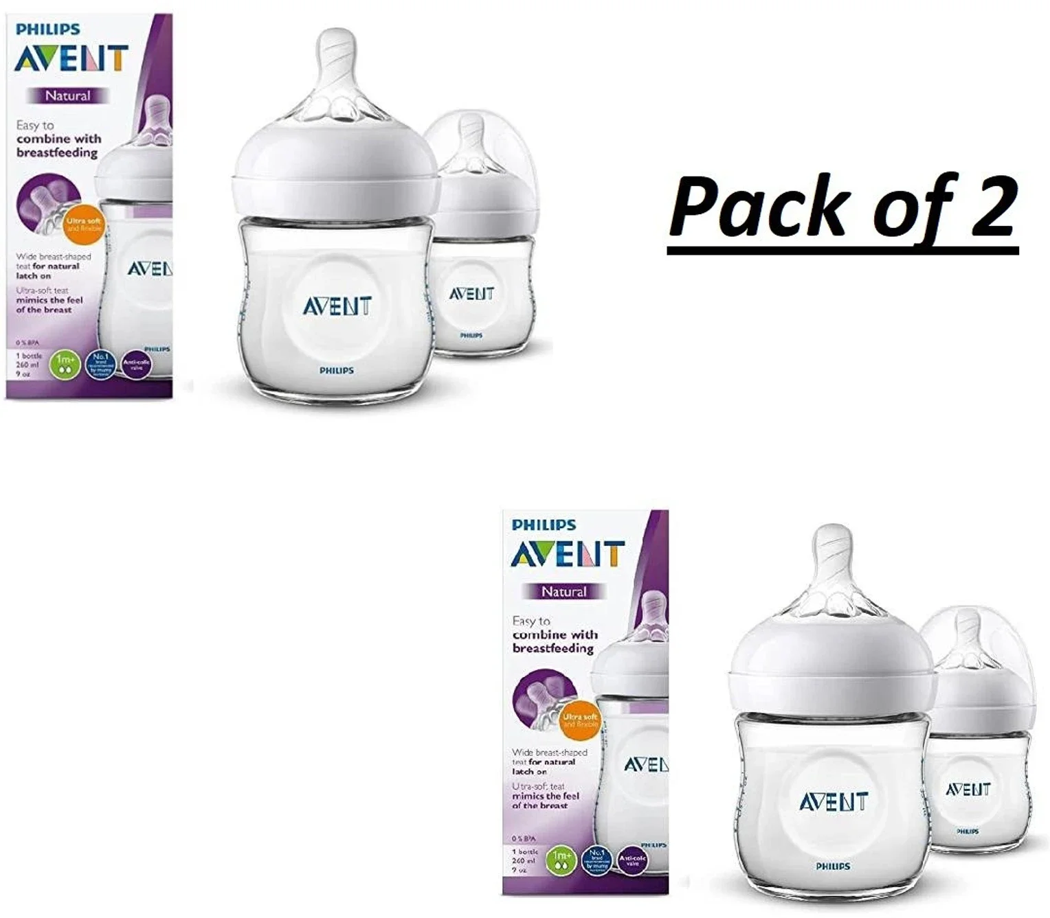 Philips Avent SCF033/20 Natural Feeding Bottle Twin Pack 260ml | 9oz