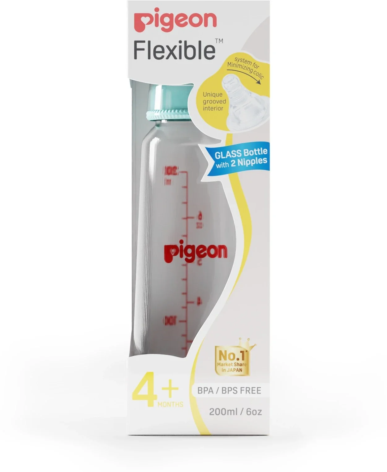 Glass Feeding Bottle 200ml with 2 Nipples M Size
