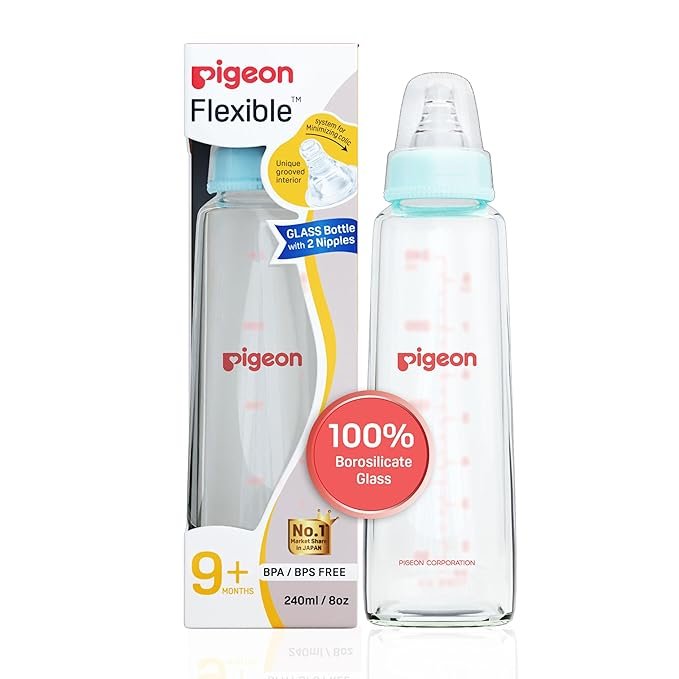 Glass Feeding Bottle 240ml with 2 Nipples L Size
