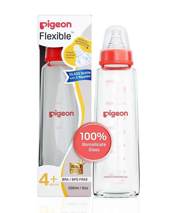 Glass Feeding Bottle 200ml with 2 Nipples M Size
