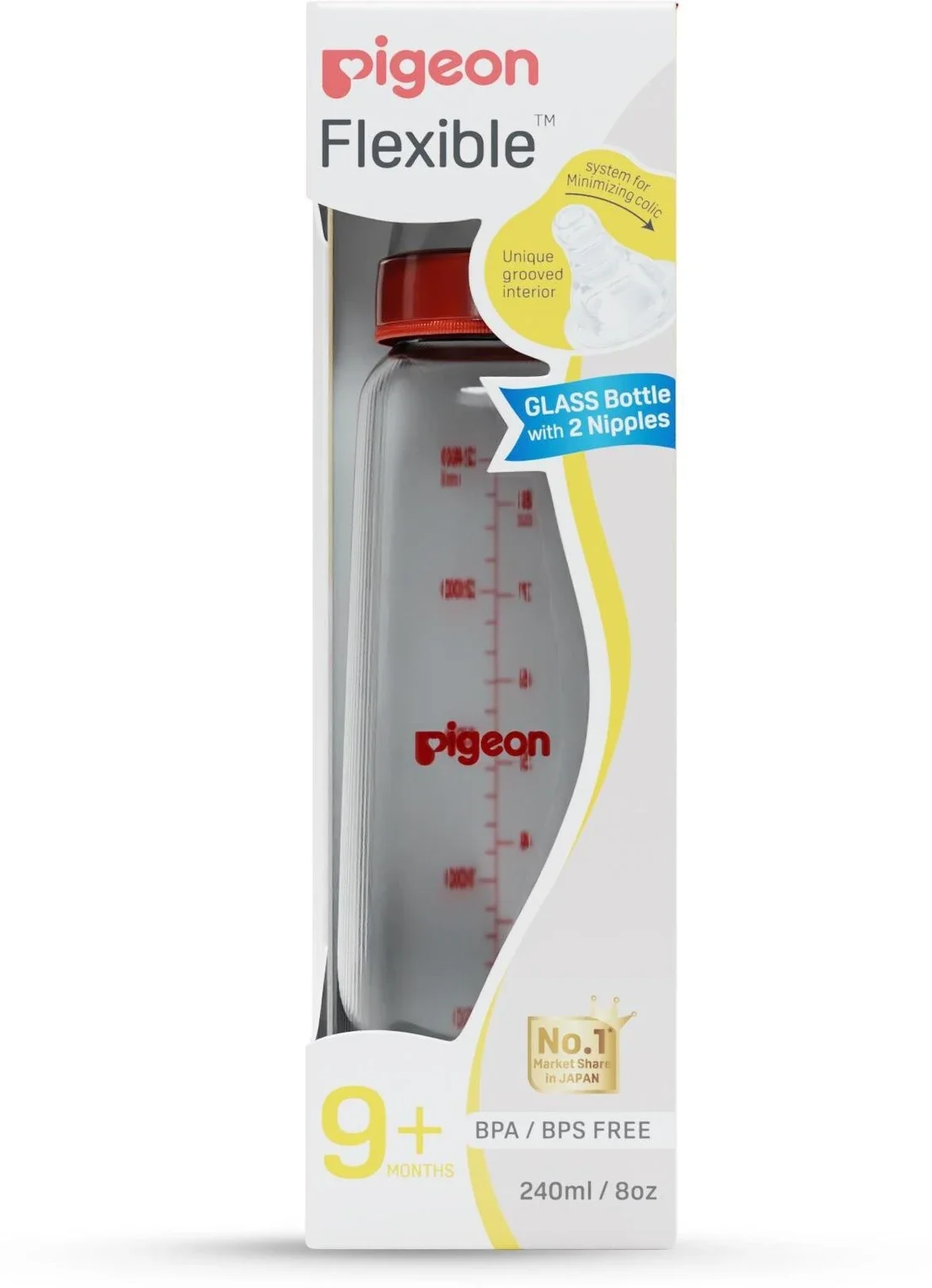 Glass Feeding Bottle 240ml with 2 Nipples L Size