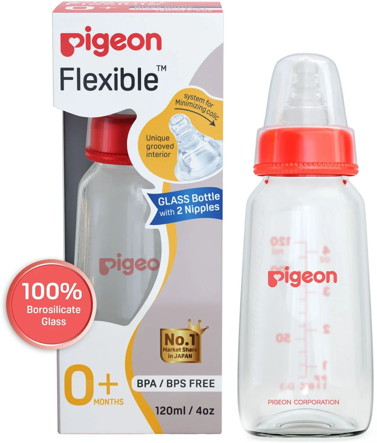 Glass Feeding Bottle 120ml with 2 Nipples – S Size