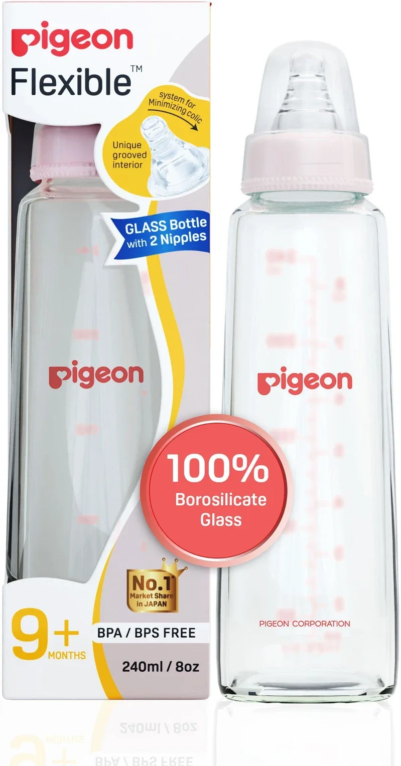 Glass Feeding Bottle 200ml with 2 Nipples M Size