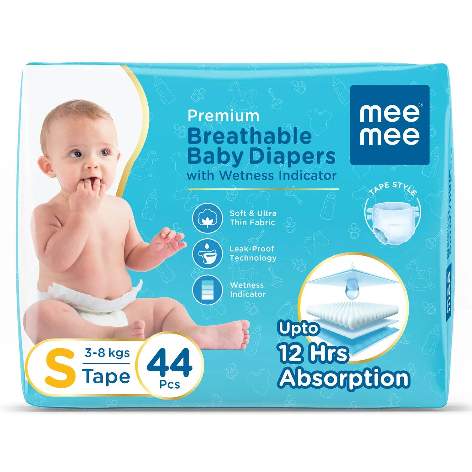 Breathable Baby Diapers with Wetness Indicator, Small Size S, Pack of 44