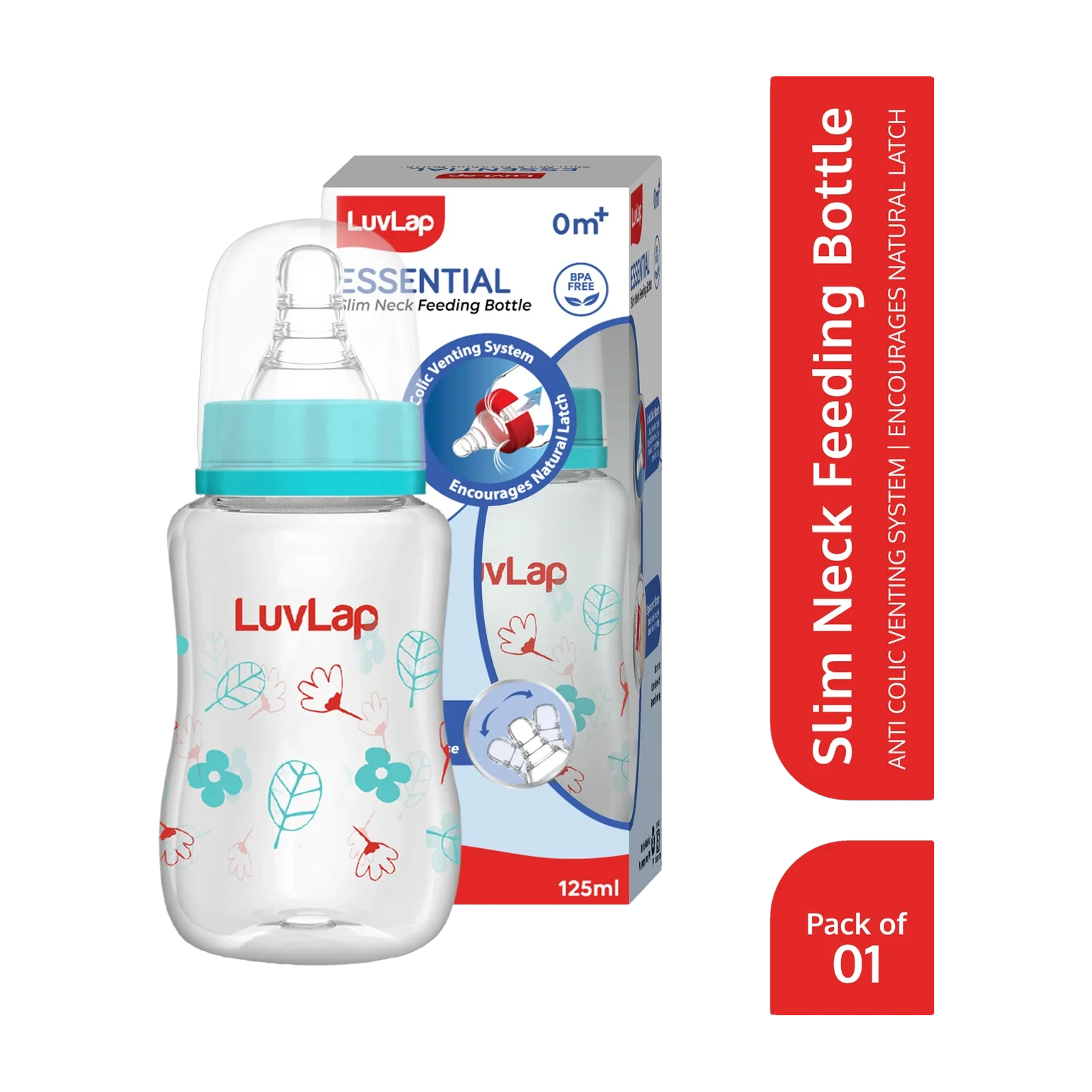 LuvLap Slim Feeding Bottle 125ml White Flowers